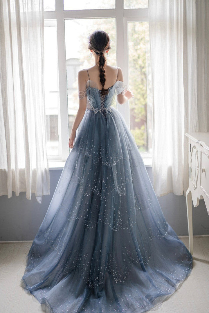 BlueTulle A-line Beaded Long Prom Dress, Blue Straps Party Dress Forma ...