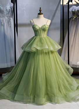 Green A-line Tulle Straps Sweetheart Formal Dress, Green Sweet 16 Dresses