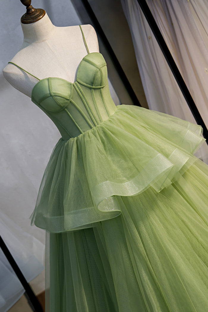 Green A-line Tulle Straps Sweetheart Formal Dress, Green Sweet 16 Dresses