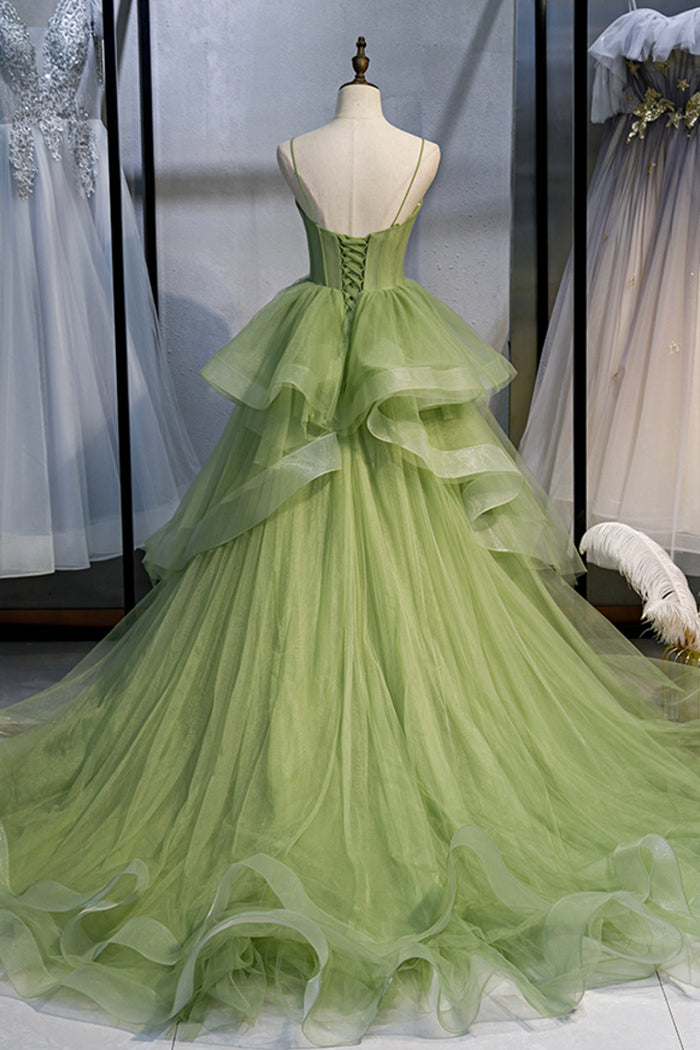 Green A-line Tulle Straps Sweetheart Formal Dress, Green Sweet 16 Dresses