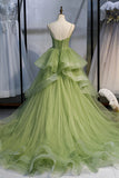 Green A-line Tulle Straps Sweetheart Formal Dress, Green Sweet 16 Dresses