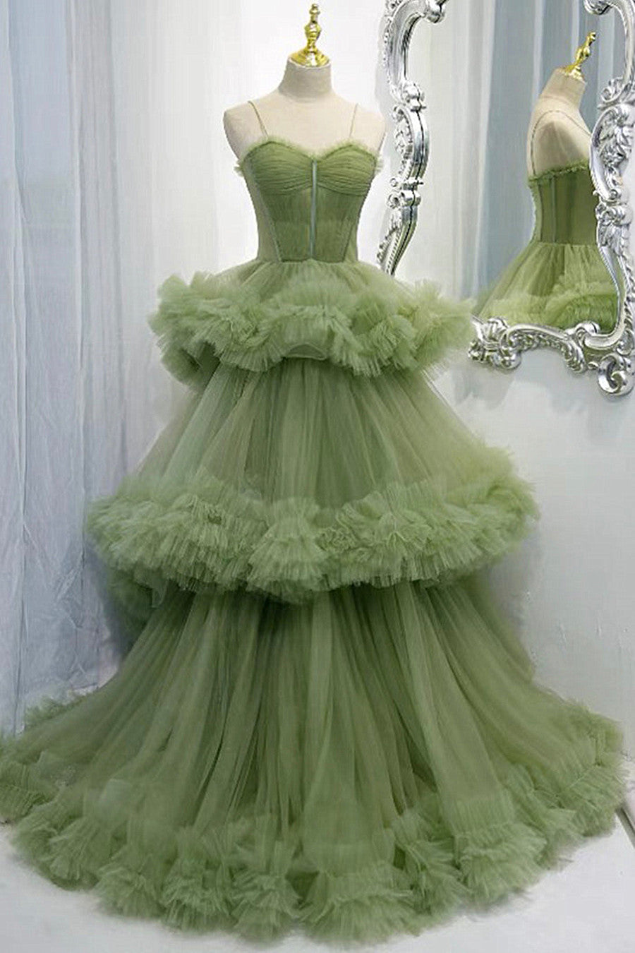 Spaghetti Straps  Green Tulle Layers Long Sweet 16 Dress, Green Evening Prom Dress