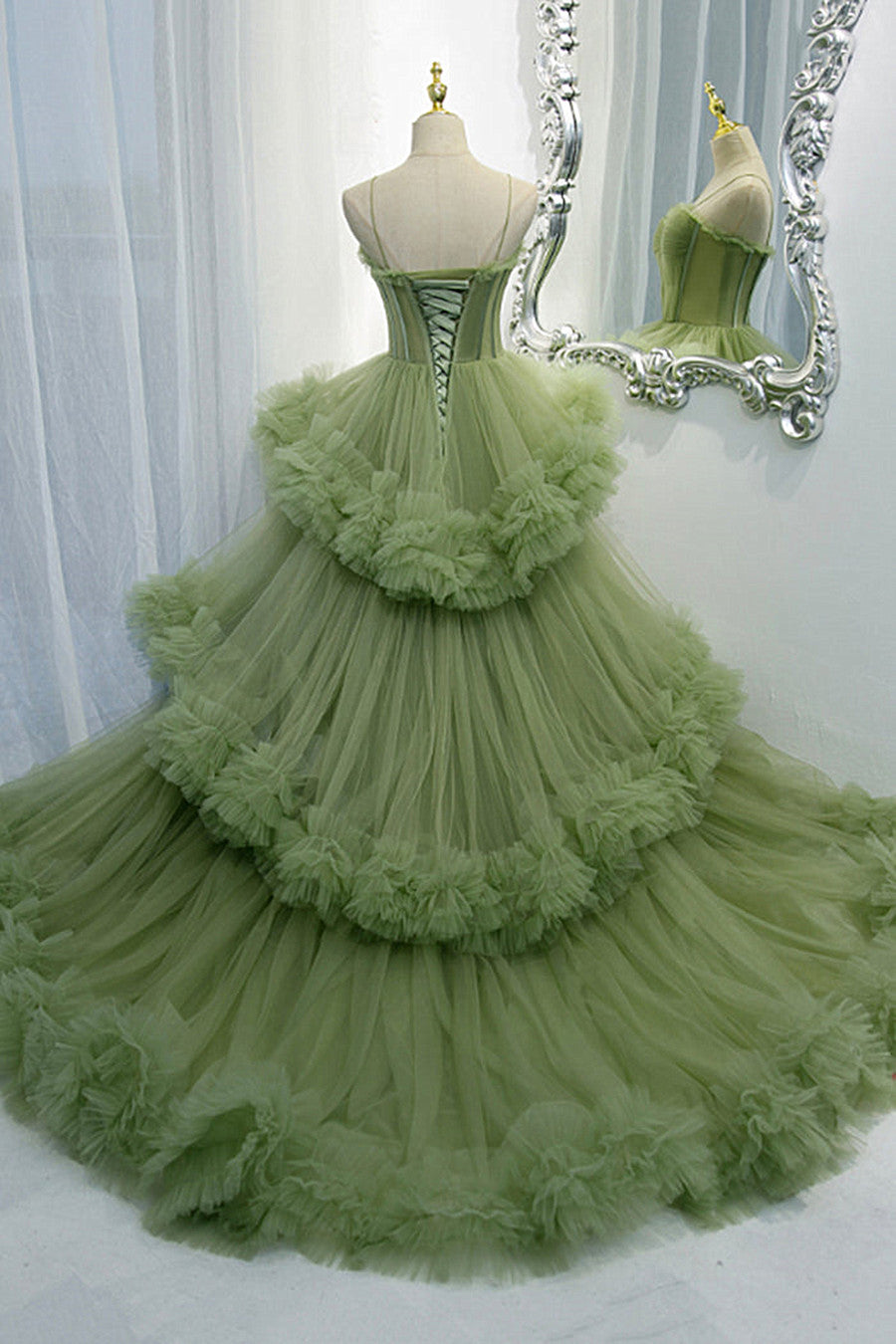 Spaghetti Straps  Green Tulle Layers Long Sweet 16 Dress, Green Evening Prom Dress