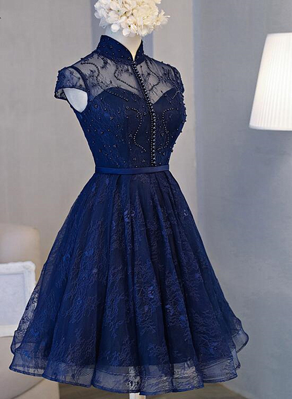 Navy Blue Beaded Lace Short Prom Dress Graduation Dress, Navy Blue Homecoming Dress