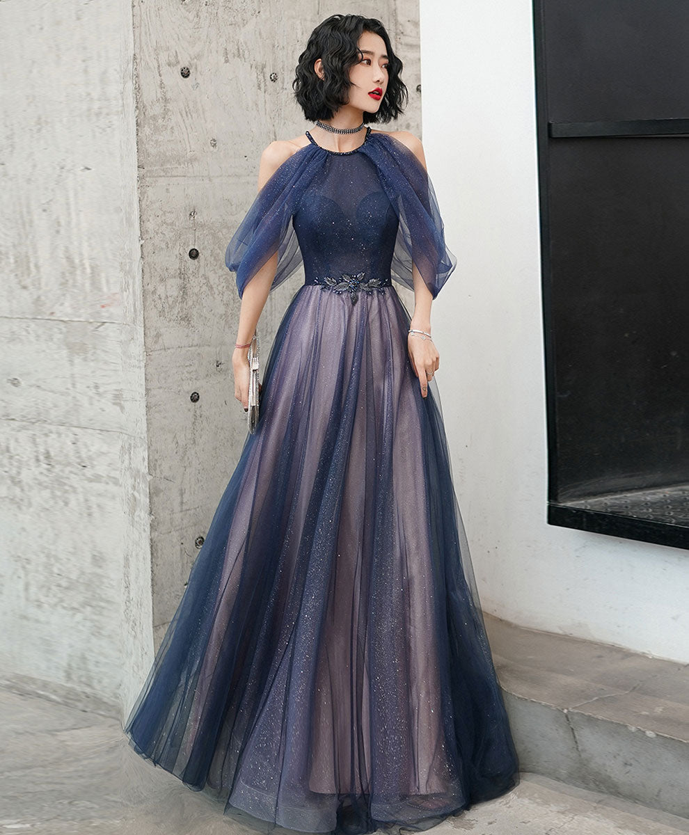 A-line Blue Tulle Sequin Long Prom Dress, Halter Blue Evening Dress Party Dress