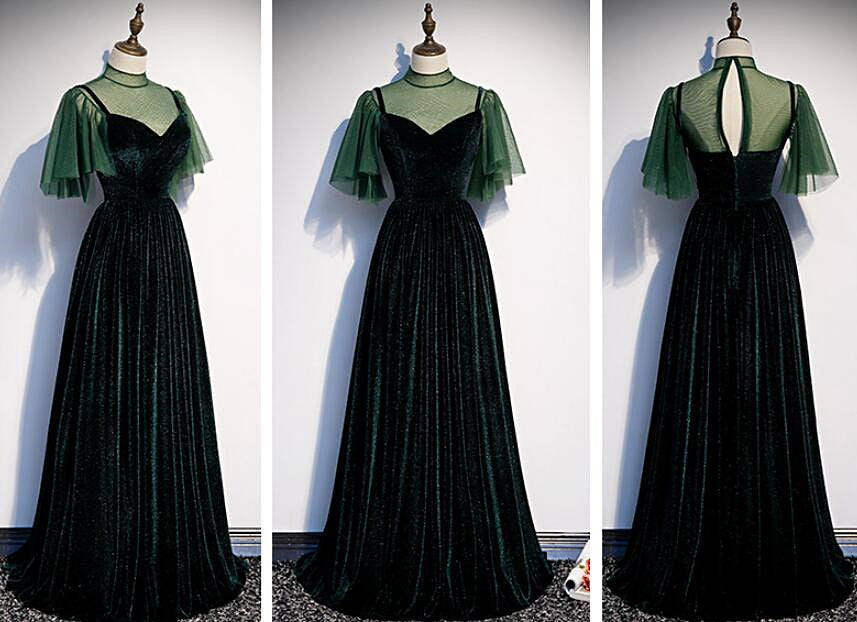 Dark Green Tulle and Velvet High Neckline Bridesmaid Dress, A-line Long Party Dress