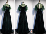 Dark Green Tulle and Velvet High Neckline Bridesmaid Dress, A-line Long Party Dress