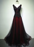 Fashionable Black and Red Low Back Prom Dress, A-line Evening Party Dress