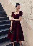 Dark Red Velvet Tea Length Short Sleeves Party Dress, Dark Red Bridesmaid Dress