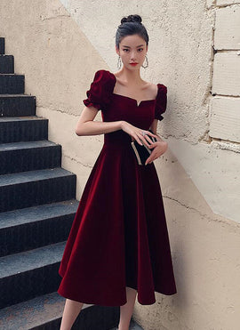 Dark Red Velvet Tea Length Short Sleeves Party Dress, Dark Red Bridesmaid Dress