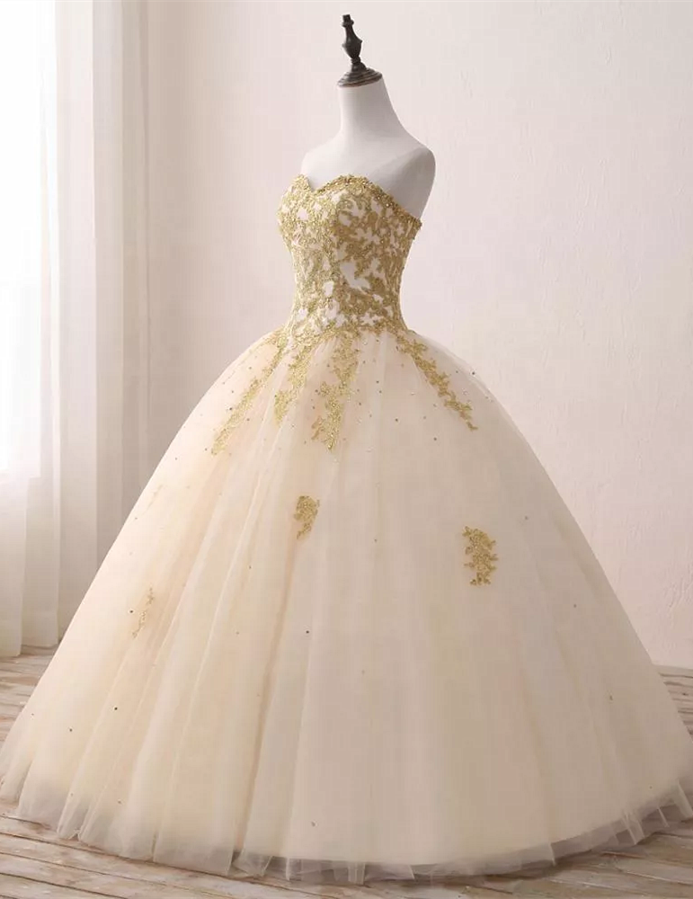 Ball Gown Light Champagne with Gold Lace Sweet 16 Dress Tulle