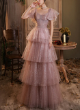 Pink Tulle Sweetheart Beaded Long A-line Prom Dress, Pink Evening Party Dress