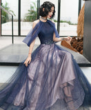 A-line Blue Tulle Sequin Long Prom Dress, Halter Blue Evening Dress Party Dress