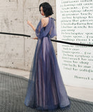 A-line Blue Tulle Sequin Long Prom Dress, Halter Blue Evening Dress Party Dress