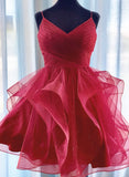 Burgundy V-neckline Knee Length Party Dres, Tulle Straps Homecoming Dress