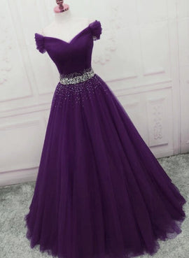 Dark Purple Tulle Beaded Off Shoulder Party Dress, Purple A-line Prom Dress