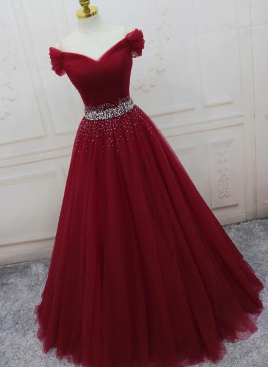 Wine Red Beaded Tulle Long Party Dress, Off Shoulder Wine Red Prom Dress