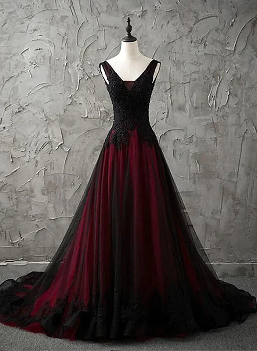 Black and Wine Red V-neckline Beaded Party Dress, Tulle Long Prom Formal Dress