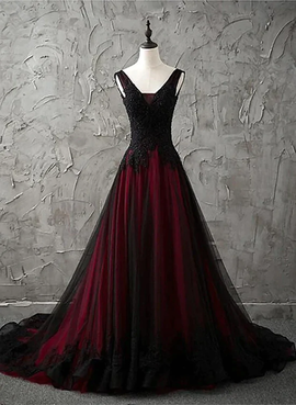 Black and Wine Red V-neckline Beaded Party Dress, Tulle Long Prom Formal Dress