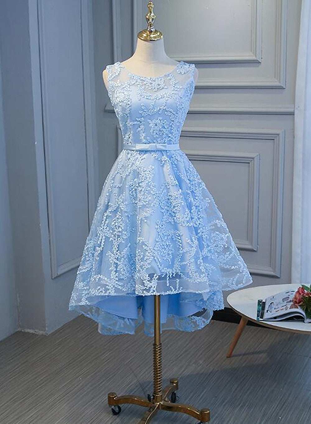 Blue Lace High Low Simple Round Neckline Party Dress, Blue Short Prom Dress