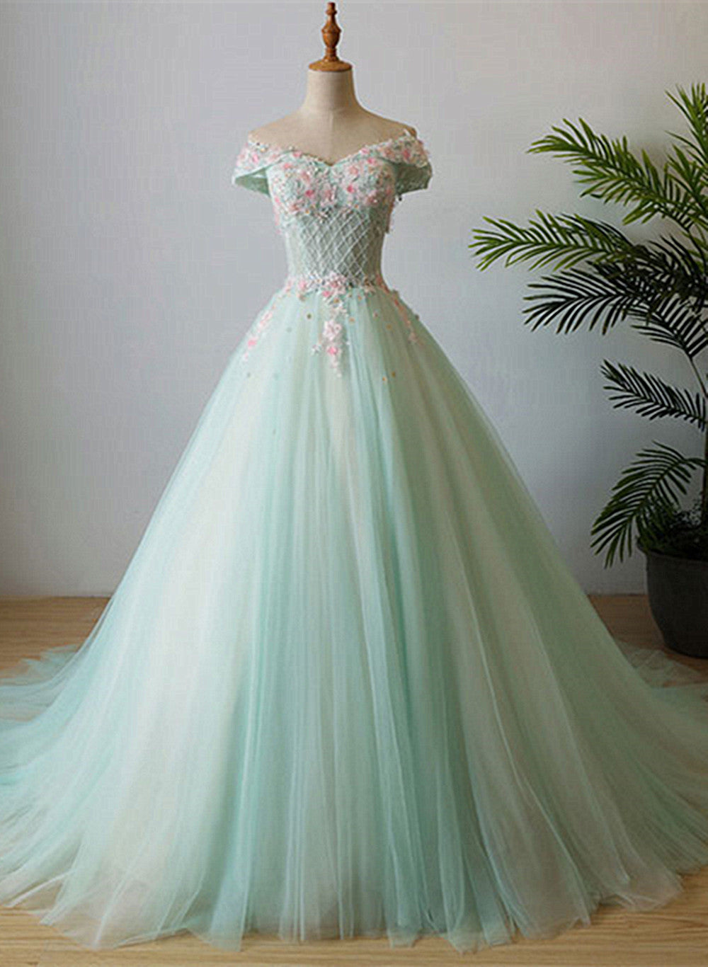 Light Green Flowers Beaded Off Shoulder Party Dress, Green Evening Prom Dress