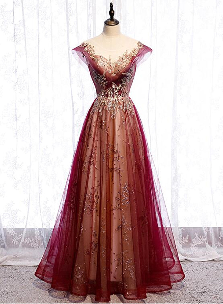 Gradient Wine Red Tulle Sweetheart A-Line Prom Dress, Charming Formal Dress