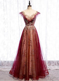 Gradient Wine Red Tulle Sweetheart A-Line Prom Dress, Charming Formal Dress