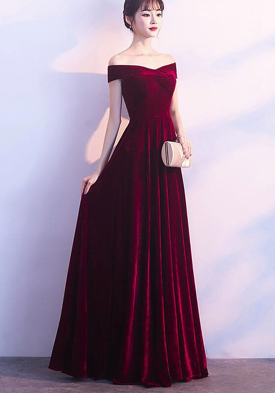 Velvet Wine Red Off Shoulder A-line Party Dress, Wine Red Bridesmaid Dresses