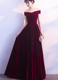 Velvet Wine Red Off Shoulder A-line Party Dress, Wine Red Bridesmaid Dresses