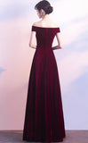 Velvet Wine Red Off Shoulder A-line Party Dress, Wine Red Bridesmaid Dresses