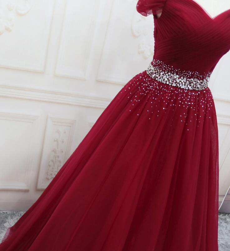 Wine Red Beaded Tulle Long Party Dress, Off Shoulder Wine Red Prom Dress