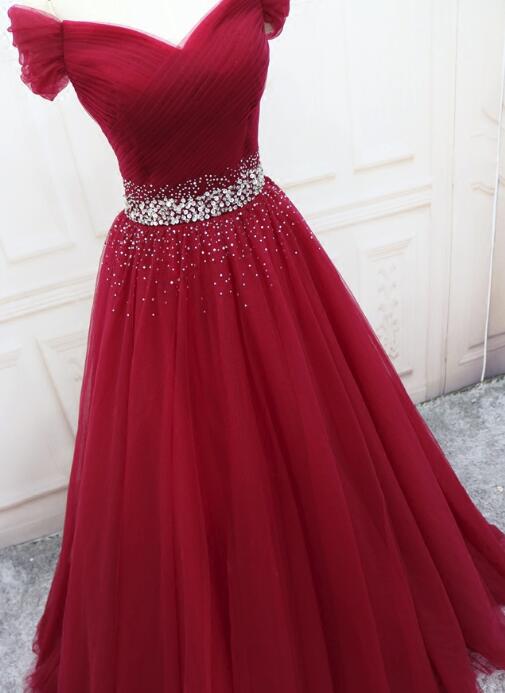 Wine Red Beaded Tulle Long Party Dress, Off Shoulder Wine Red Prom Dress