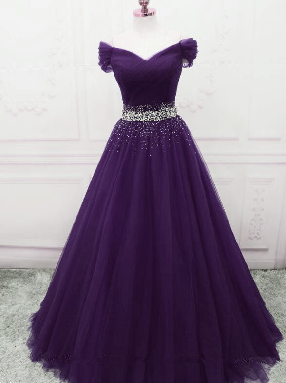 Dark Purple Tulle Beaded Off Shoulder Party Dress, Purple A-line Prom Dress