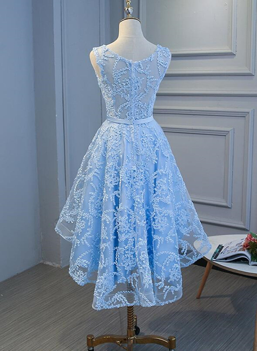 Blue Lace High Low Simple Round Neckline Party Dress, Blue Short Prom Dress