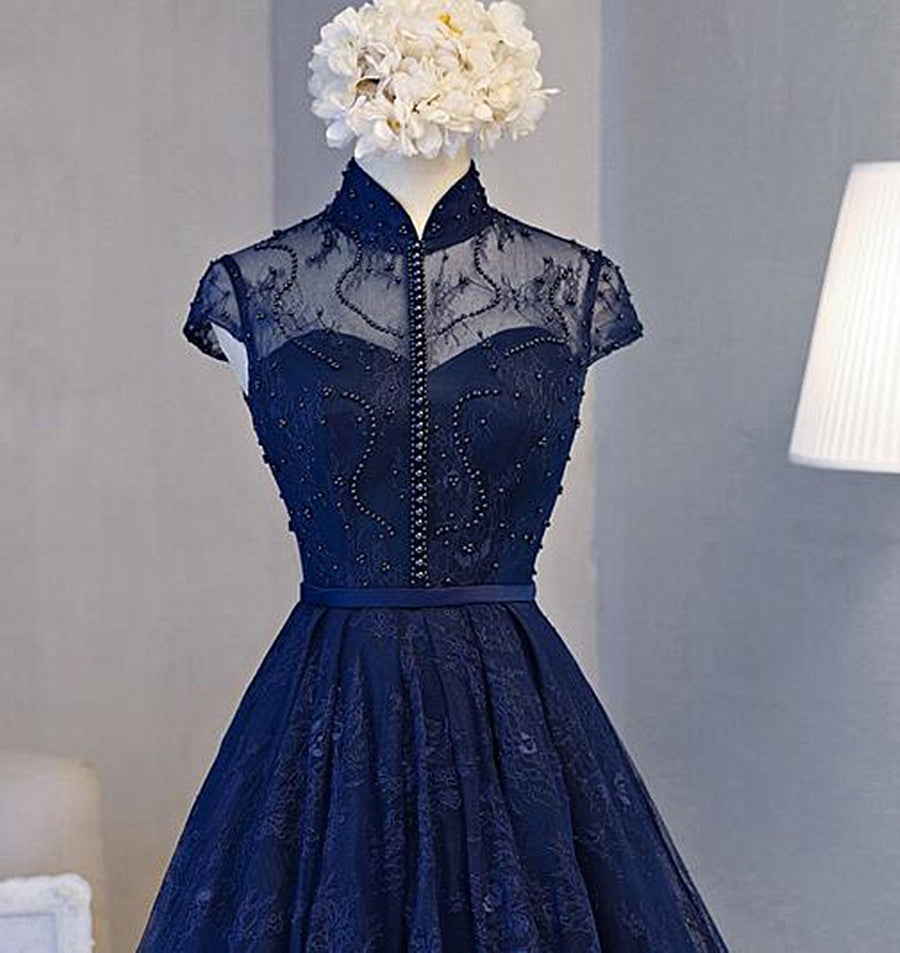 Navy Blue Beaded Lace Short Prom Dress Graduation Dress, Navy Blue Homecoming Dress