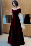 Wine Red Velvet Off Shoulder A-line Party Dress Prom Dress, Velvet Bridesmaid Dress