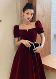 Dark Red Velvet Tea Length Short Sleeves Party Dress, Dark Red Bridesmaid Dress