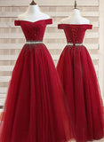 Wine Red Beaded Off Shoulder Floor Length Party Dress, Wibe Red Prom Dress