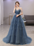 Blue Tulle Straps Beaded Layers Long Formal Dress, Blue Evening Dress Prom Dress