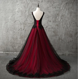 Black and Wine Red V-neckline Beaded Party Dress, Tulle Long Prom Formal Dress