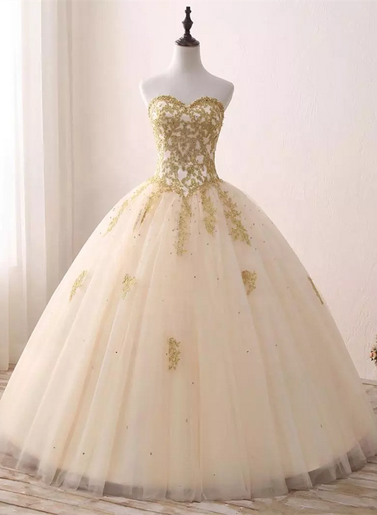 Ball Gown Light Champagne with Gold Lace Sweet 16 Dress, Tulle Long Prom Dress