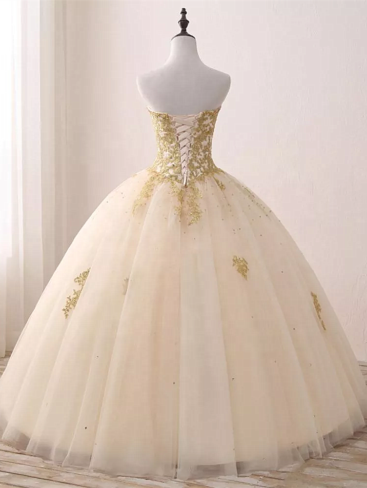 Ball Gown Light Champagne with Gold Lace Sweet 16 Dress Tulle