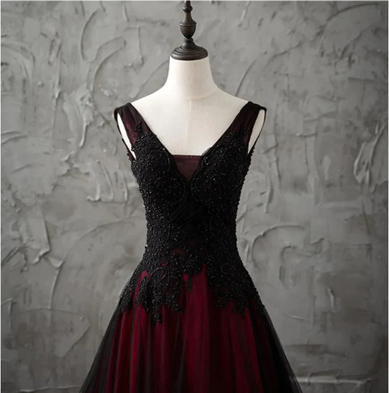 Black and Wine Red V-neckline Beaded Party Dress, Tulle Long Prom Formal Dress