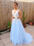 Light Blue Tulle with White Lace Low Back Long Prom Dress, Blue A-line Evening Party Dress