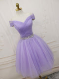 Off Shoulder Lavender Tulle Homecoming Dresses, Beaded Lavender Prom Dress