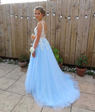 Light Blue Tulle with White Lace Low Back Long Prom Dress, Blue A-line Evening Party Dress