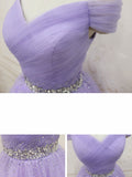 Off Shoulder Lavender Tulle Homecoming Dresses, Beaded Lavender Prom Dress