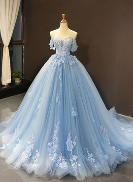 Blue Sweetheart Ball Gown Flowers Sweet 16 Dress, Blue Off Shoulder Wedding Party Dress