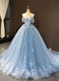 Blue Sweetheart Ball Gown Flowers Sweet 16 Dress, Blue Off Shoulder Wedding Party Dress