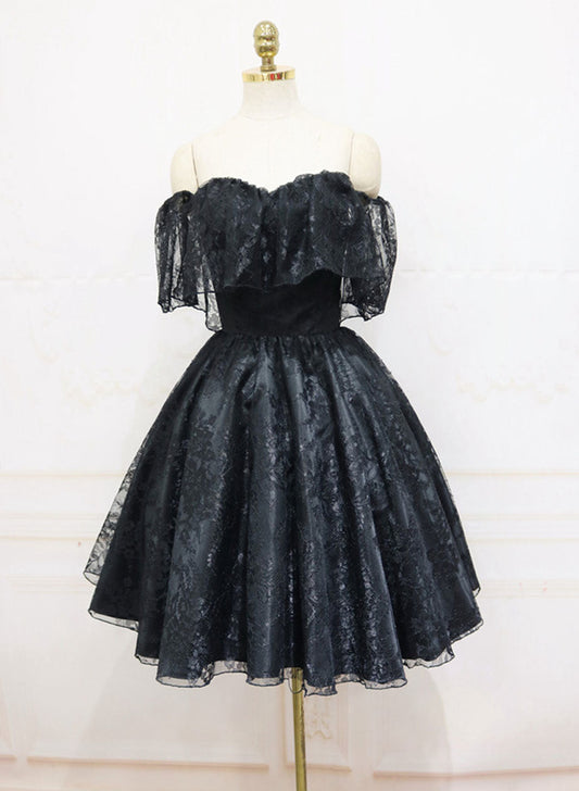 Black Lace Off Shoulder Homecoming Dress, Black Short Prom Dress